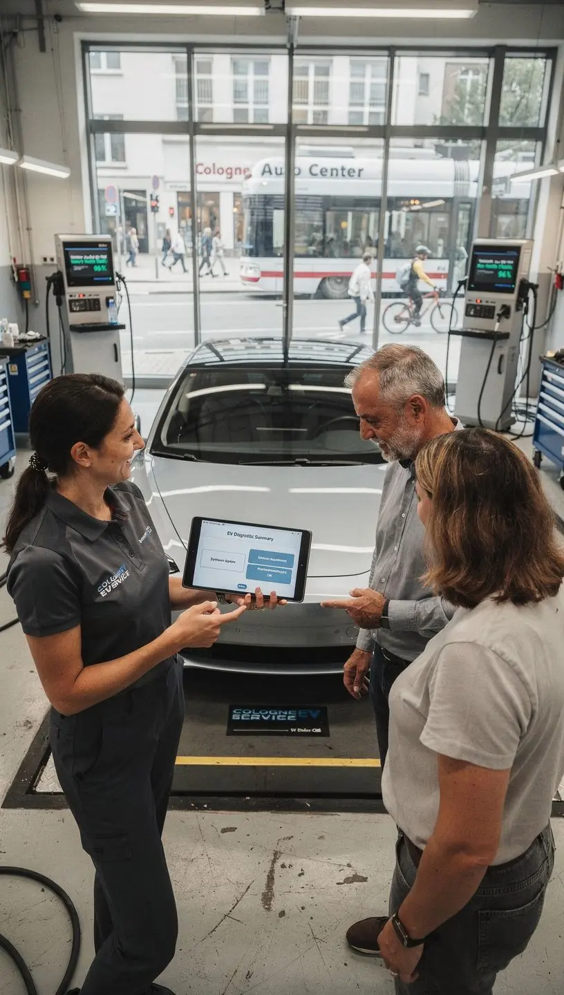 Nahaufnahme von Bremsscheibe und Bremsbelägen eines Elektrofahrzeugs während Inspektion