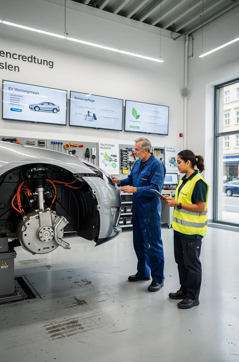 Reifenwechsel an elektrischem Fahrzeug in spezialisierten Werkstattumgebung