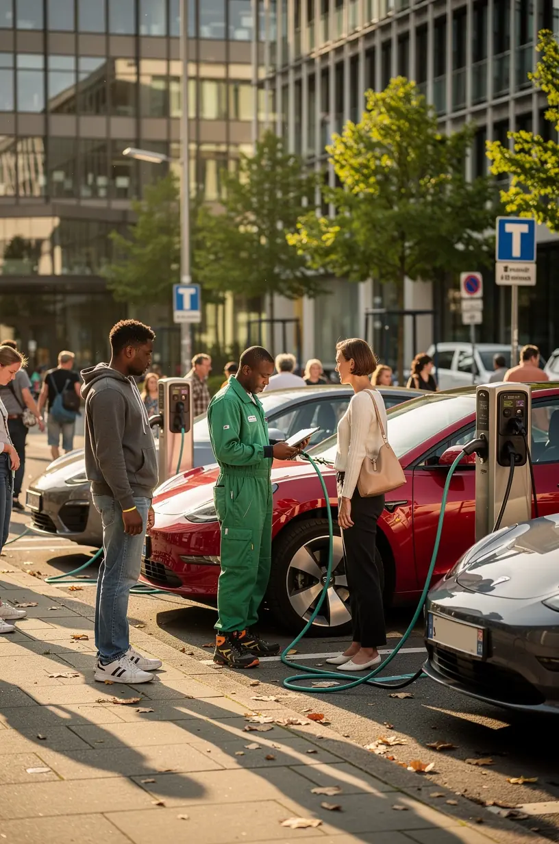 Elektroauto wird an intelligente Ladestation angeschlossen, um Ladezustand zu prüfen